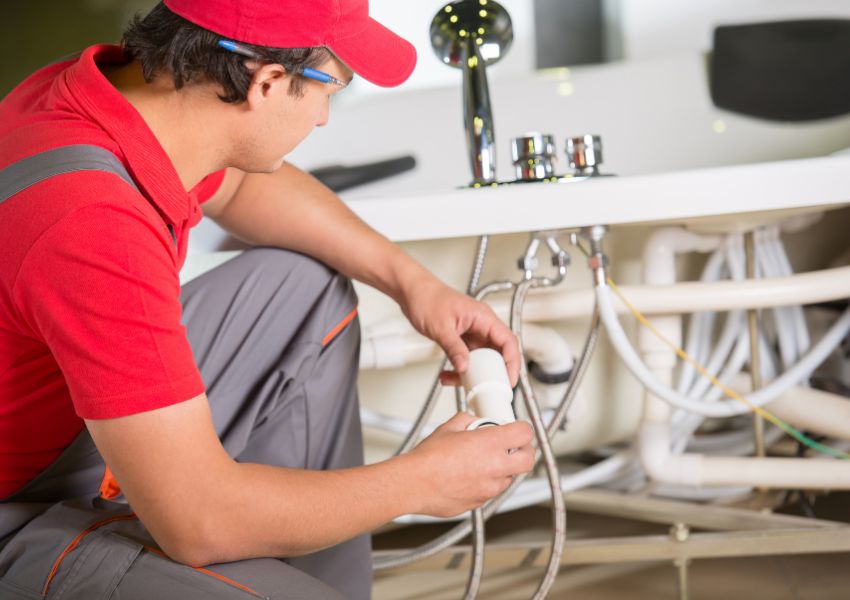 plumber in a red shirt and hat working on a bathroom sink